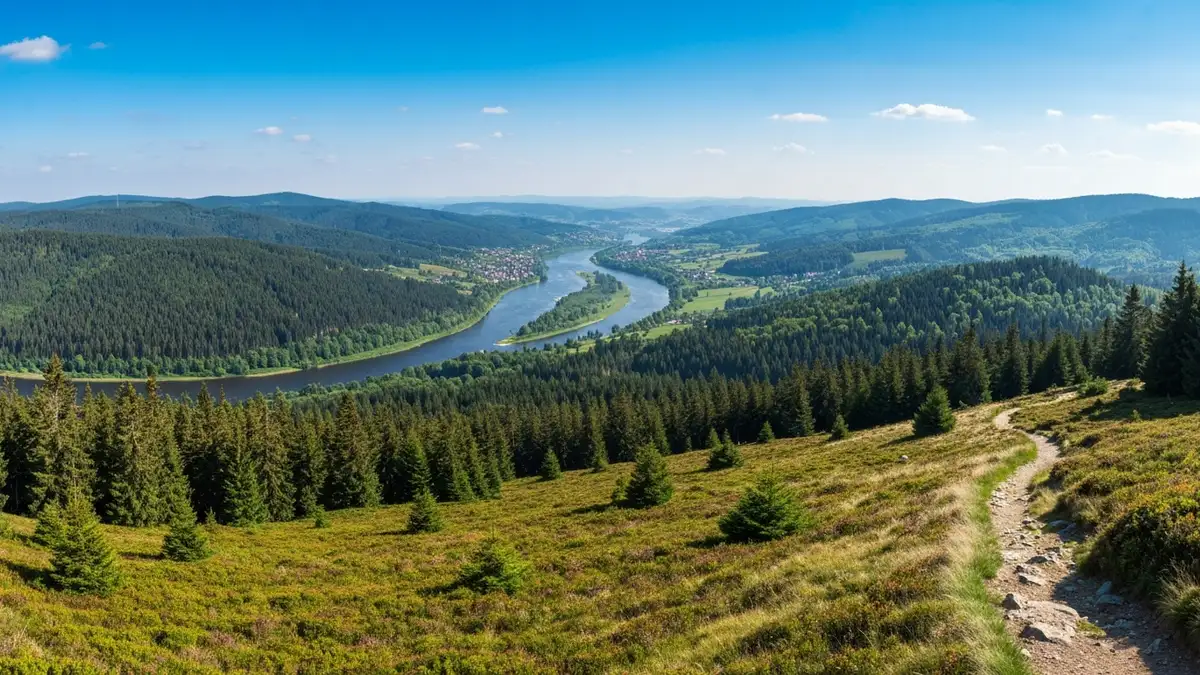Widok na Bieszczady z Wschodnim Szlakiem Rowerowym Green Velo - rozległa dolina z lasem i błękitnym niebem