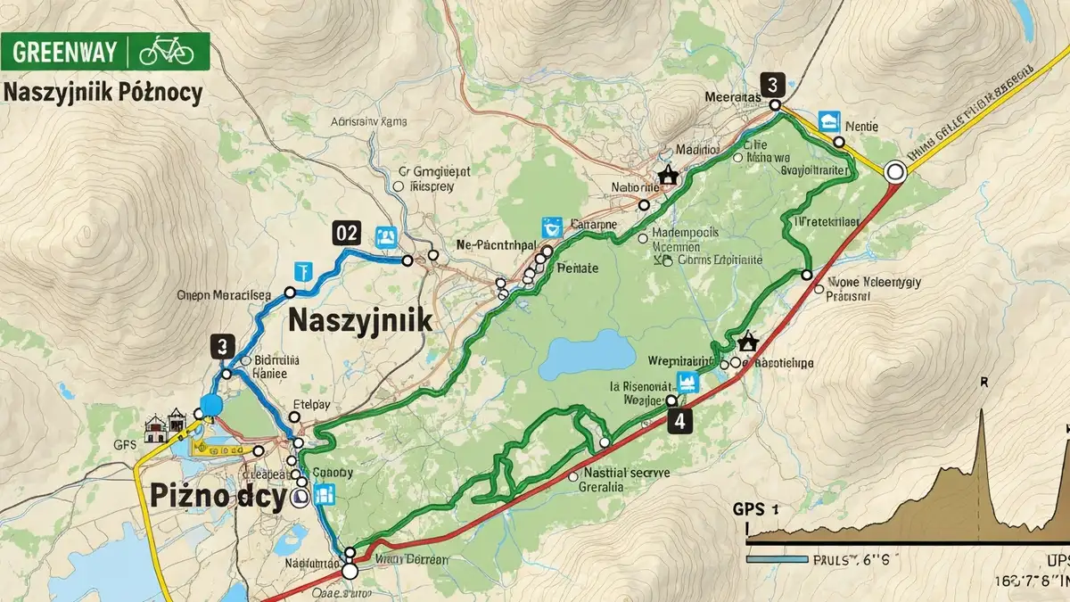 Mapa szlaku Greenway Naszyjnik Północy z zaznaczonymi etapami i głównymi atrakcjami turystycznymi wzdłuż trasy rowerowej