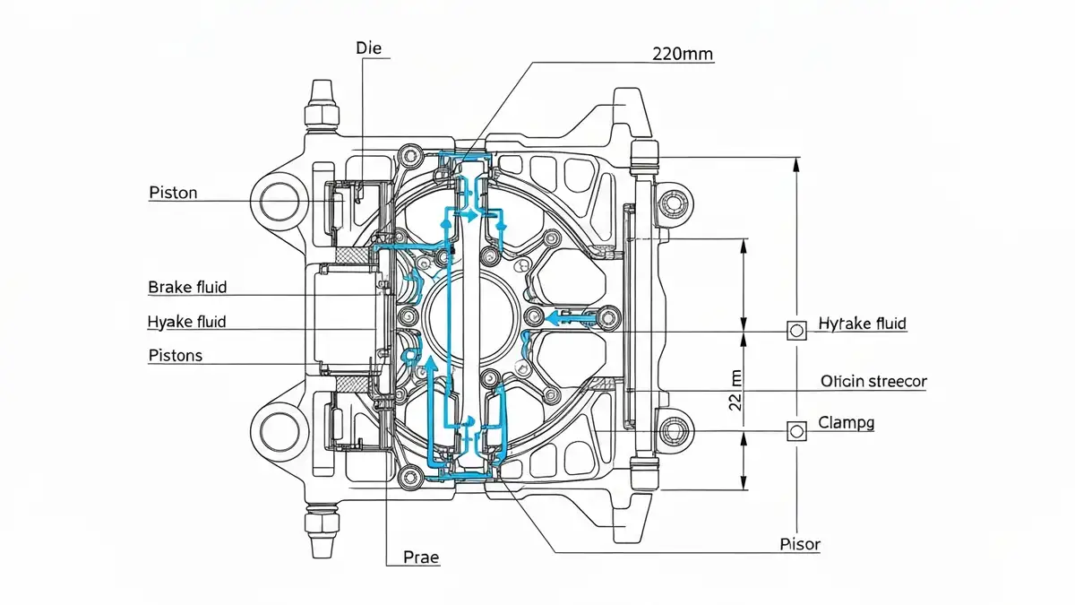 Przekrój 4-tłoczkowego hamulca hydraulicznego e-bike z tarcza 220mm
