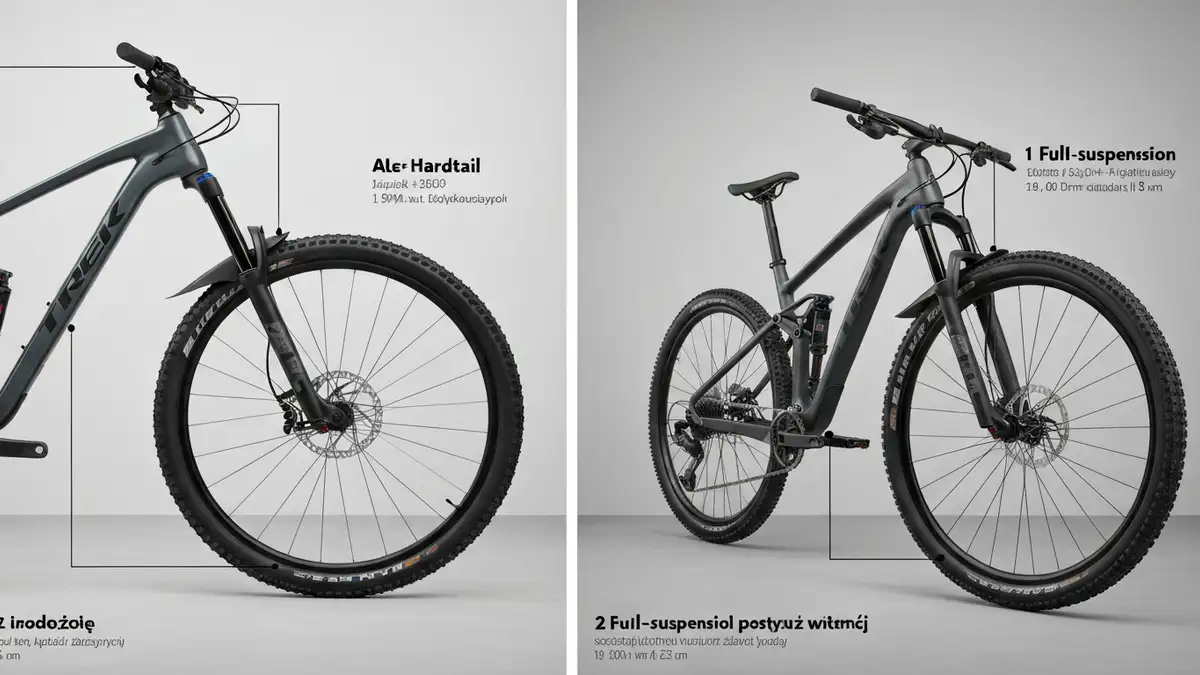 Hardtail MTB z tylko przednim zawieszeniem obok full suspension MTB z zawieszeniem przód i tył
