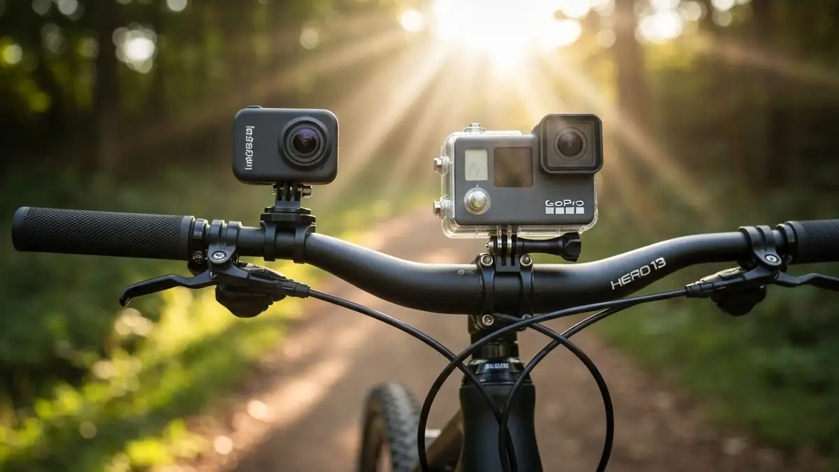 Porównanie Insta360 Ace Pro i GoPro Hero 13 - две kamery rowerowe obok siebie na tle roweru górskiego i tras terenowych