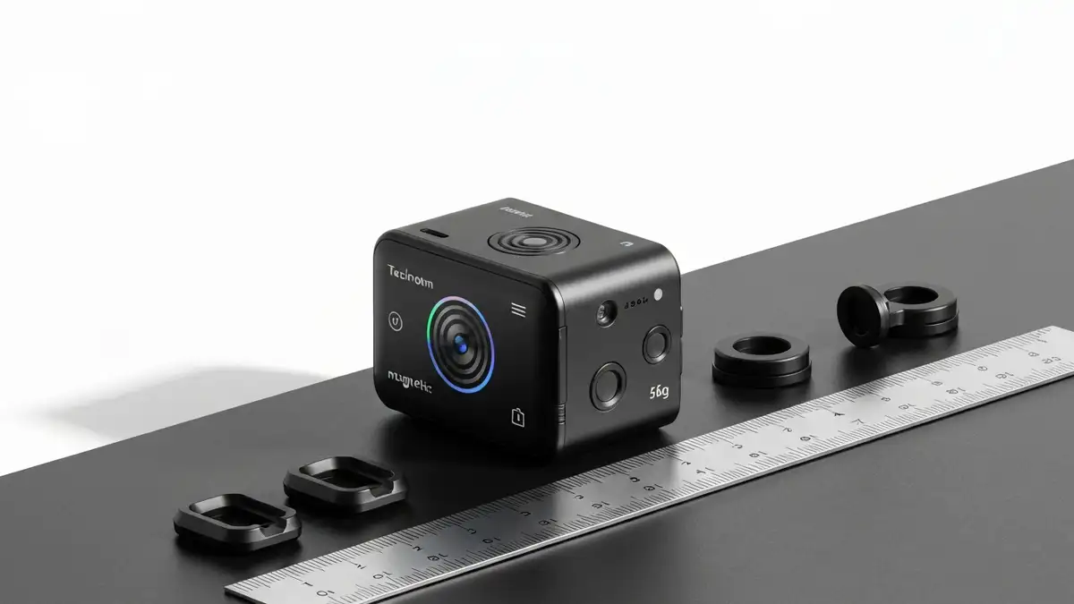 Insta360 GO 3S mini kamera czarna na tle roweru szosowego, widok z góry, wyświetlacz dotykowy