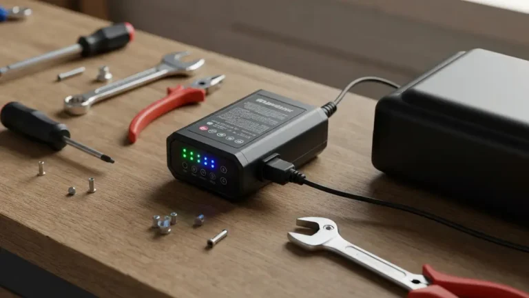 Ładowarka e-bike podłączona do baterii roweru elektrycznego z wskaźnikami ładowania