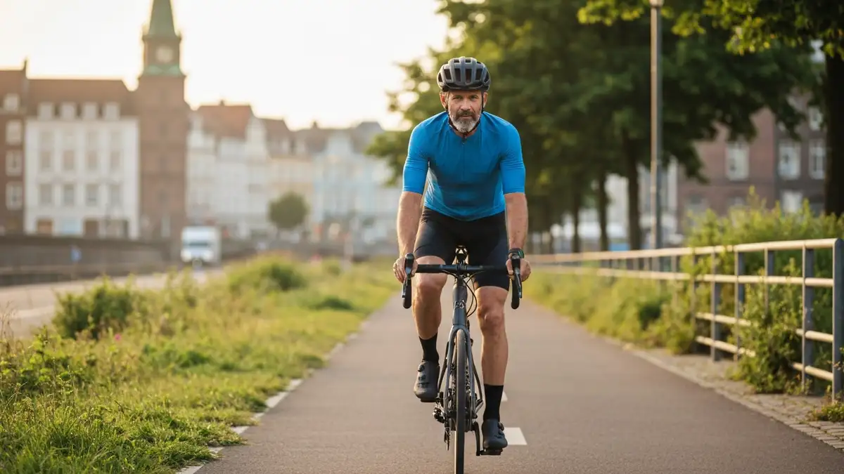 Rowerzysta w oddychającej odzieży rowerowej jedzi spokojnym tempem do pracy po bezpiecznej trasie rowerowej w mieście