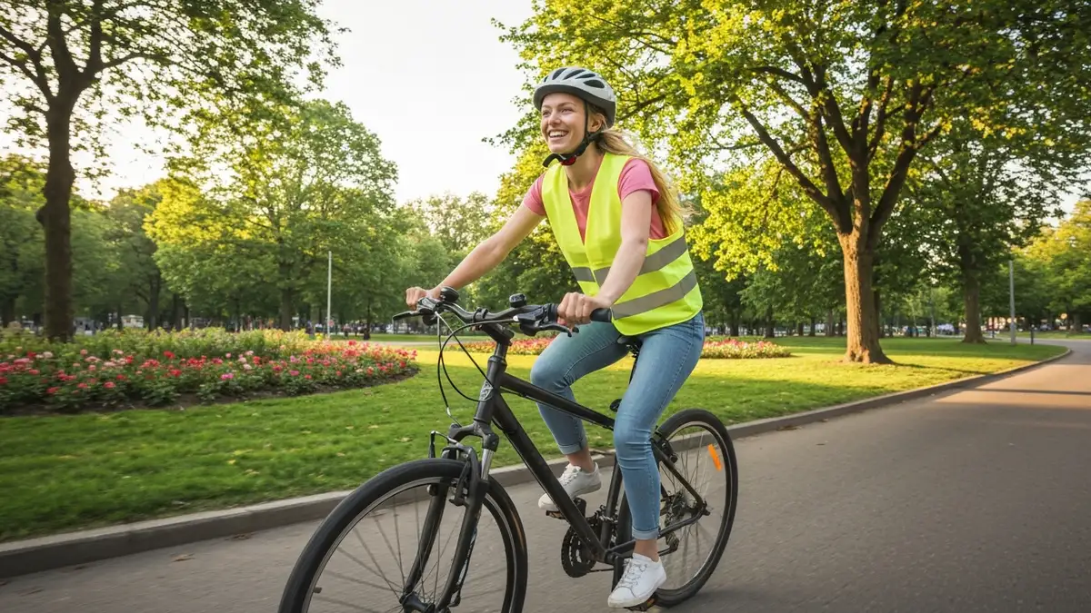 Szczęśliwy początkujący cyklista jedzie rowerem hybrydowym do pracy przez park miejski rano, ubierze się w kasku i odblasku na żółtej kamizelce