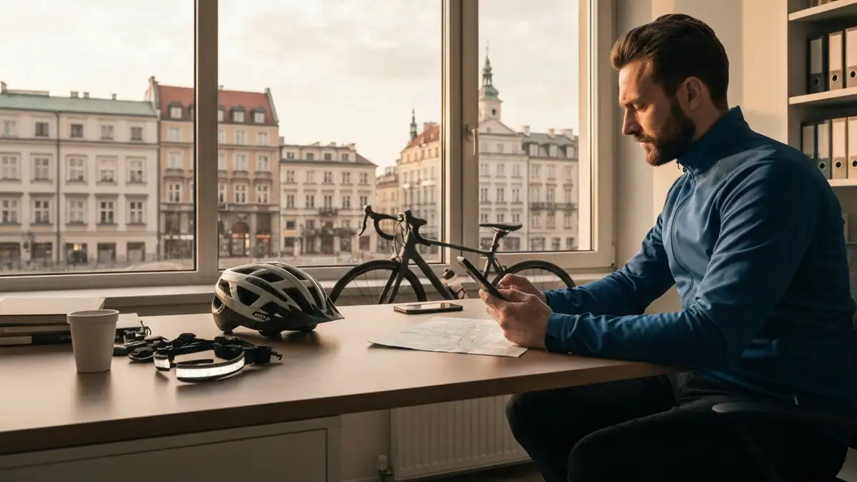 Rowerzysta planuje trasę do pracy w mieście przy użyciu mapy i aplikacji GPS