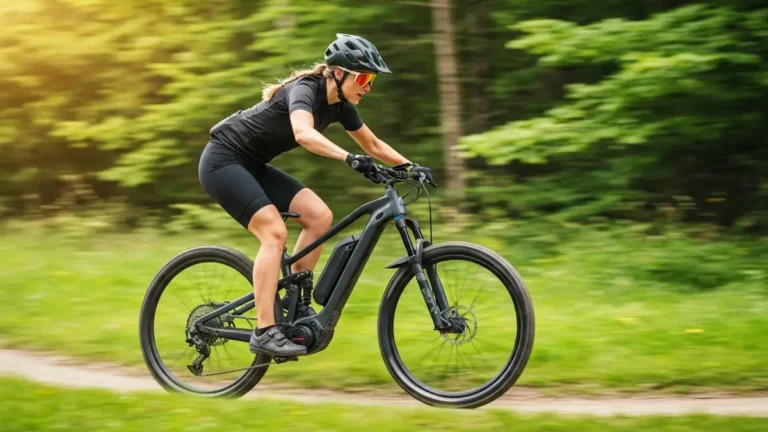 Elektyczny rower górski e-bike pędzący po lesnym szlaku z wyraźnie widocznym akumulatorem i silnikiem