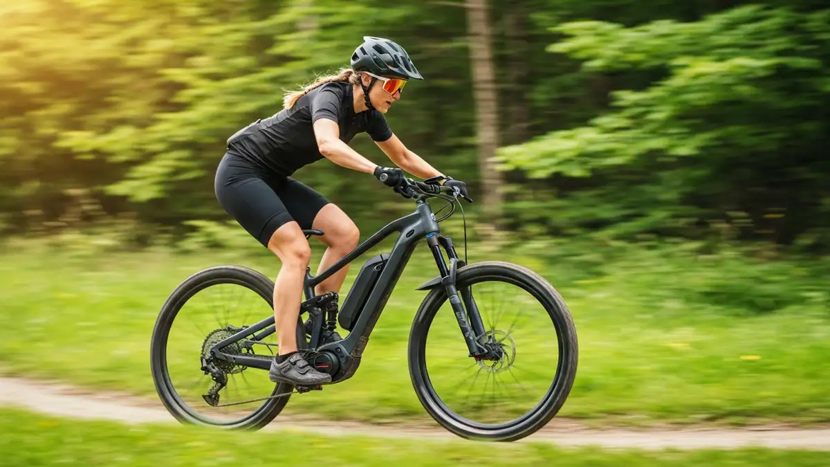 Elektyczny rower górski e-bike pędzący po lesnym szlaku z wyraźnie widocznym akumulatorem i silnikiem