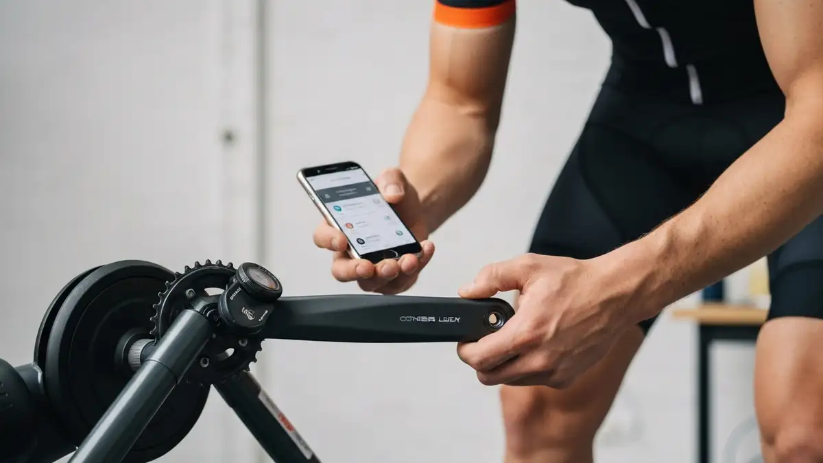 Rowerzysta kalibruje power meter na stojaku rowerowym, smartfon z aplikacją kalibracyjną w dłoni