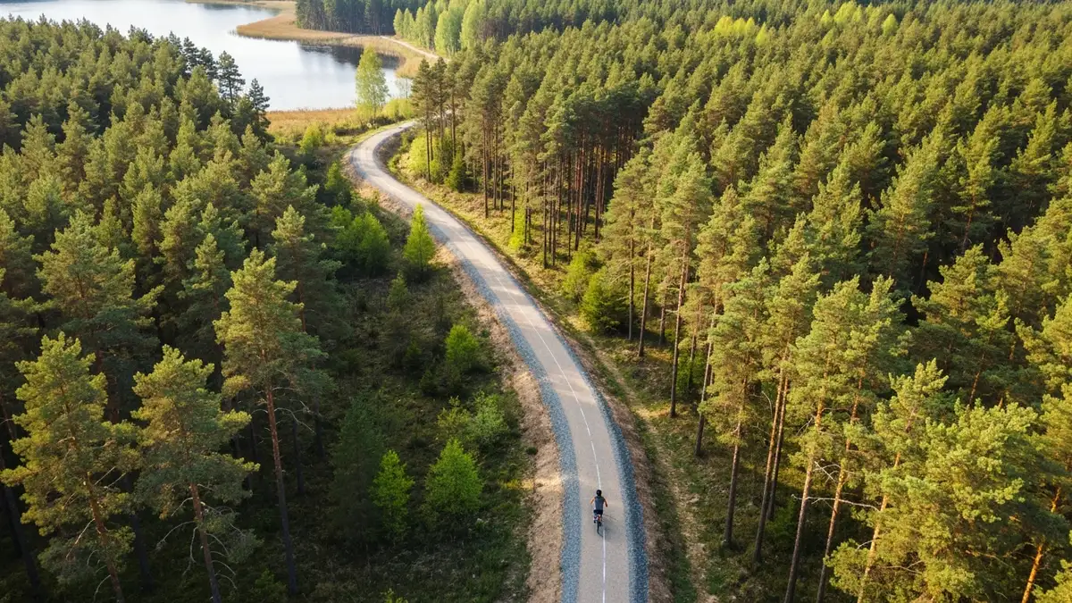 Szlaki rowerowe Kampinoski Park Narodowy z widokiem na las i jezioro od drogi