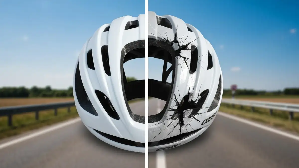 Kask rowerowy z widocznym zniszczeniem demonstrującym ochronę głowy cyklisty