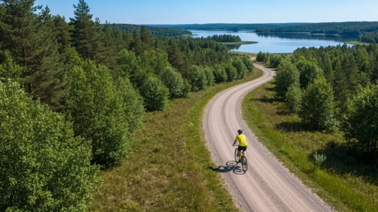 Kaszubska Marszruta - widok na jezioro z rowerem gravel na szlaku rowerowym w Kaszubach