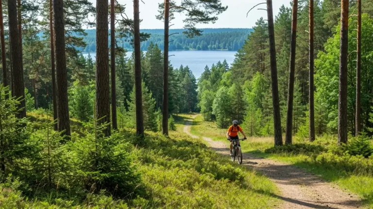 Ścieżka rowerowa wśród lasów Kaszub z widokiem na Jezioro Raduńskie, rowerzysta na górskim rowerze, słoneczny dzień, pagórkowaty teren