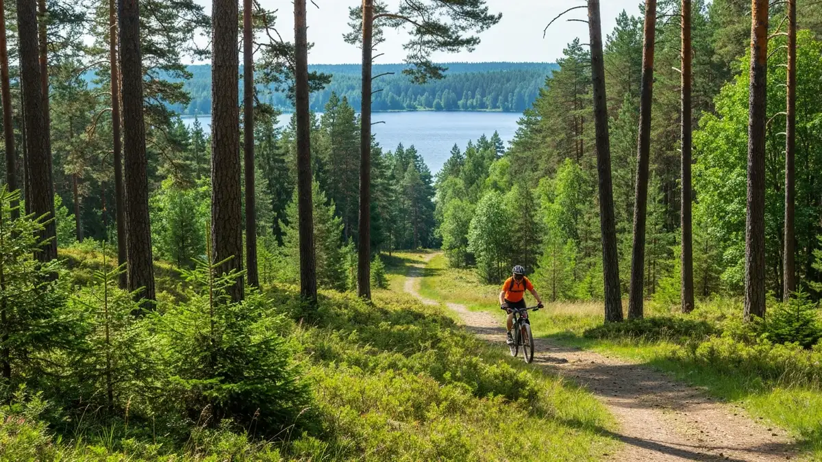 Ścieżka rowerowa wśród lasów Kaszub z widokiem na Jezioro Raduńskie, rowerzysta na górskim rowerze, słoneczny dzień, pagórkowaty teren