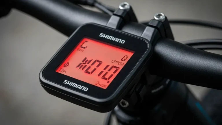 Wyświetlacz Shimano Steps pokazujący kod błędu W010 na tle roweru elektrycznego
