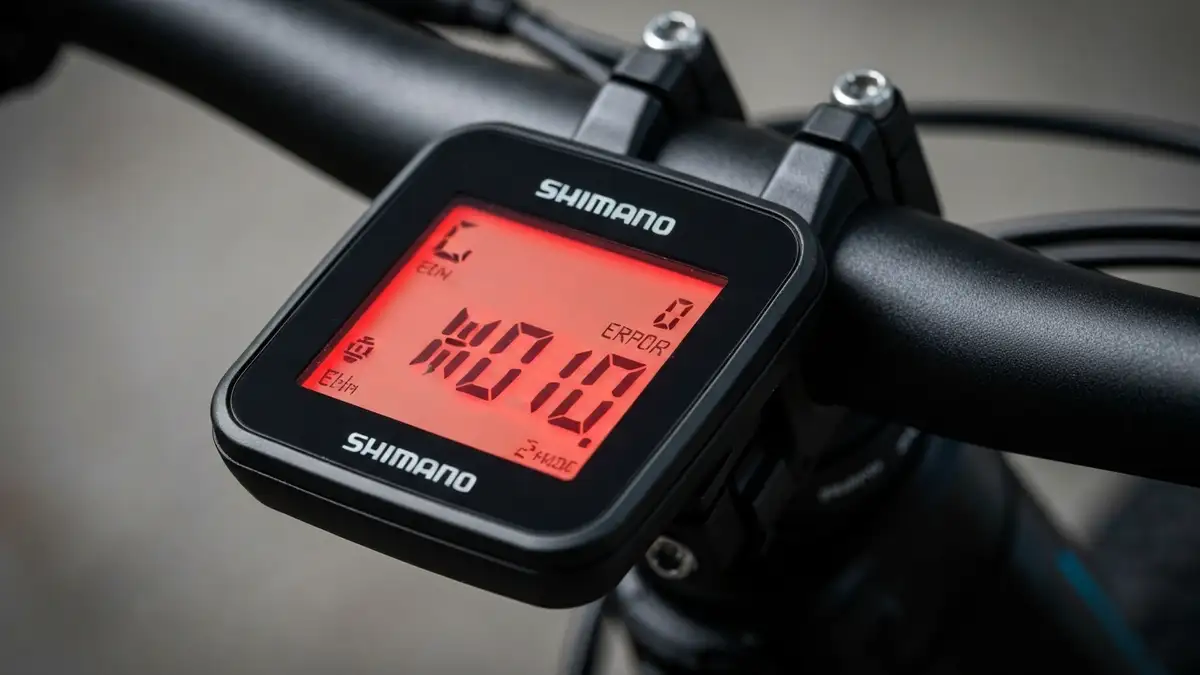 Wyświetlacz Shimano Steps pokazujący kod błędu W010 na tle roweru elektrycznego