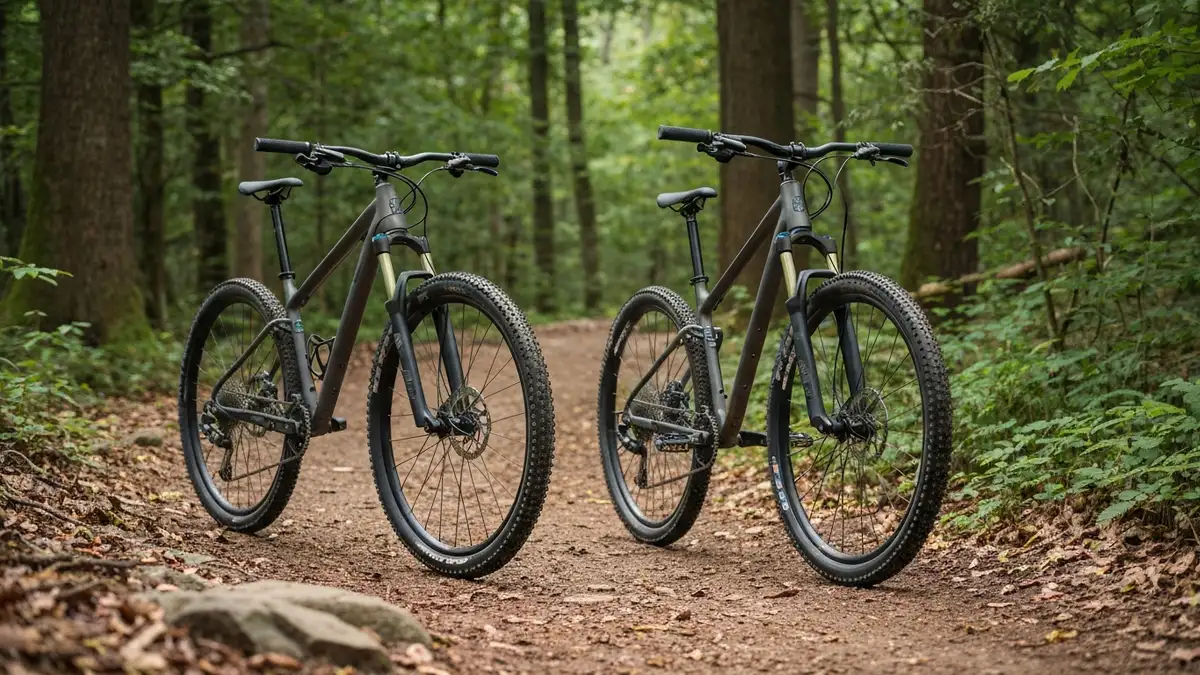 Porównanie rowerów górskich MTB z kołami 27,5 cali i 29 cali obok siebie