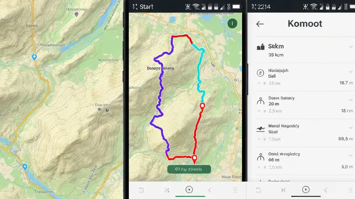 Interfejs aplikacji Komoot z mapą Polski i zaznaczoną trasą rowerową