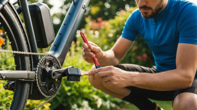 Cyklistka w kasku i odzieży rowerowej czyszcząca e-bike przy pomocy szczotki w ogrodzie w słoneczny dzień