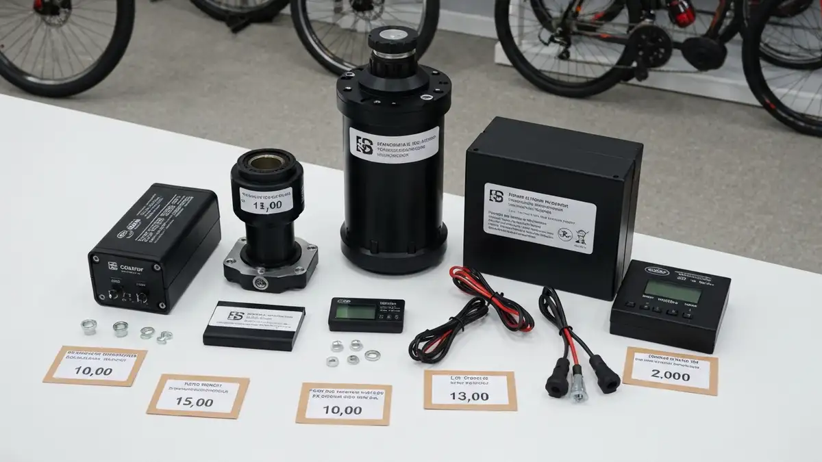 Rozbita konwersja roweru na elektryczny - komponenty (silnik, bateria, kontroler) zmontowane na rowerze gravel