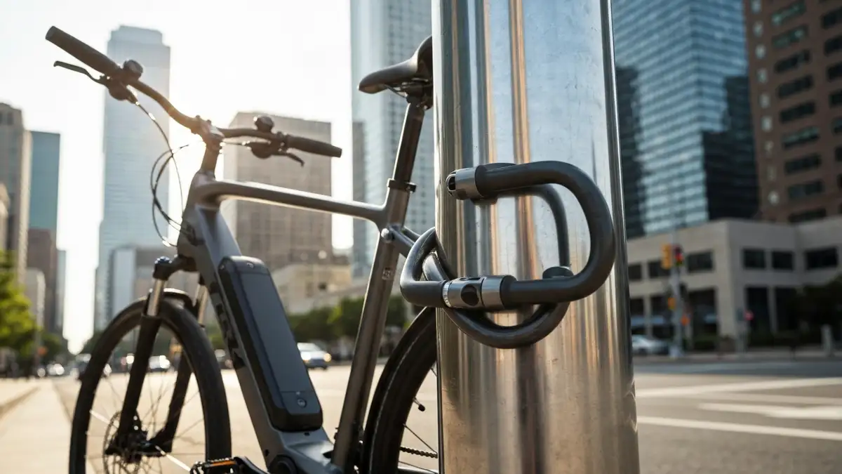 Profesjonalny zamek U-lock zabezpieczający e-bike do słupa metalowego, rower elektriczny Trek Powerfly zablokowany w mieście