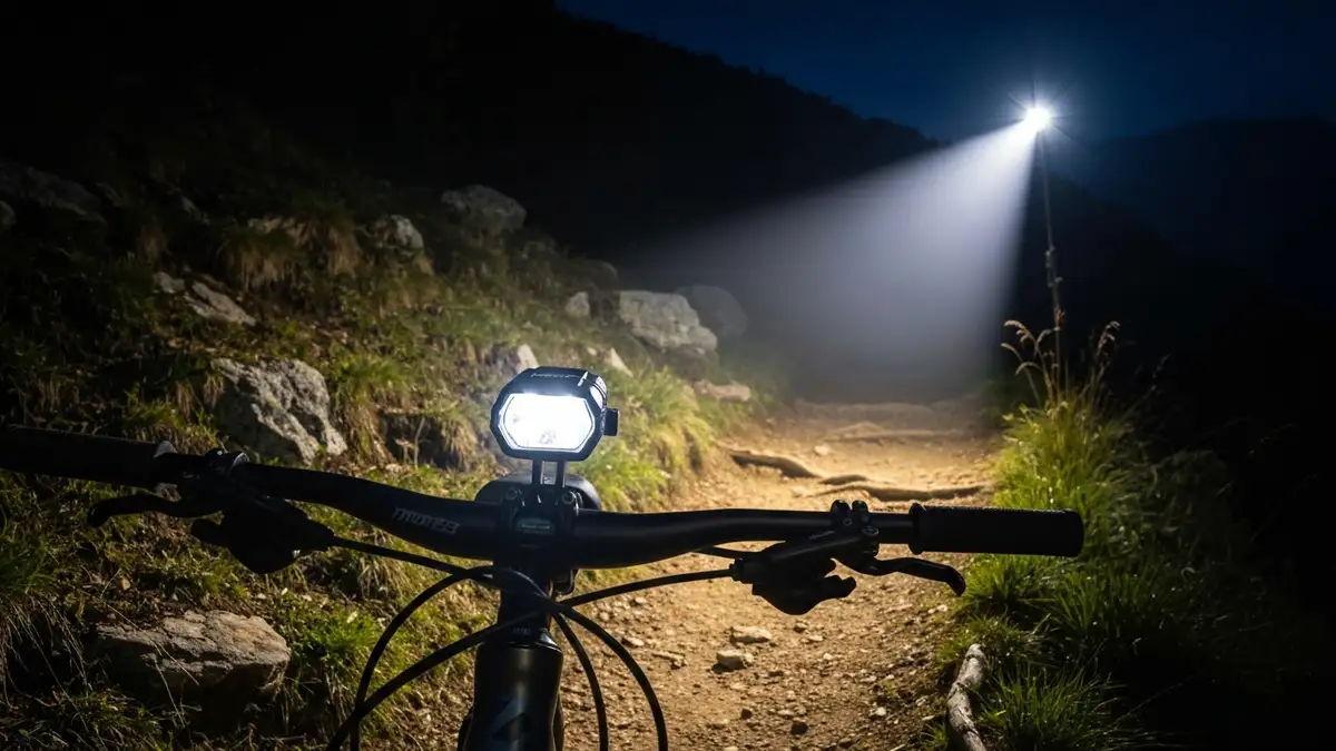 Lampka rowerowa 1500 lumenów do jazdy MTB nocą, montaż na kierownicę, widok z przodu
