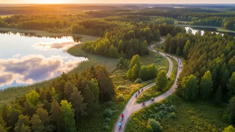 Widok drona na Mazurską Pętlę Rowerową z jeziorami i lasami, na trasie widać cyklistów