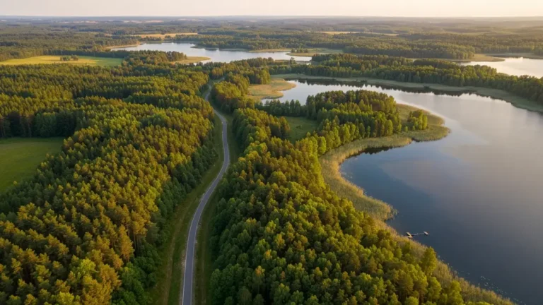 Widok na Jezioro Śniardwy i trasę rowerową Mazurskiej Pętli w słoneczny letni dzień