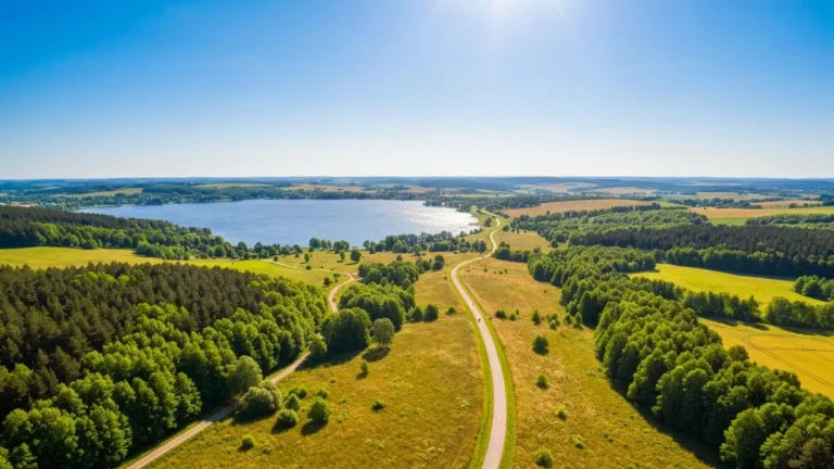 Widok na Jezioro Śniardwy z ścieżką rowerową wśród zielonych pól i lasów na Mazurach