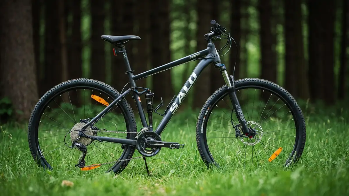 Budżetowy rower górski MTB hardtail do 3000 zł stojący na trawie z widokiem na las
