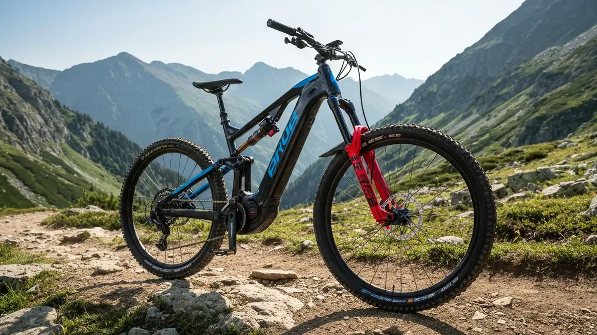 Elektrycyna rower górski MTB e-bike full suspension na górskim szlaku, czarno-niebieski, trail w tle