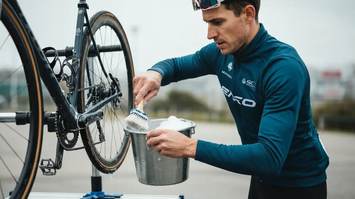 Rower na statywie serwisowym podczas mycia miękką szczotką i wiadrem ze łagodnym mydłem, bez opryskiwacza wysokociśnieniowego