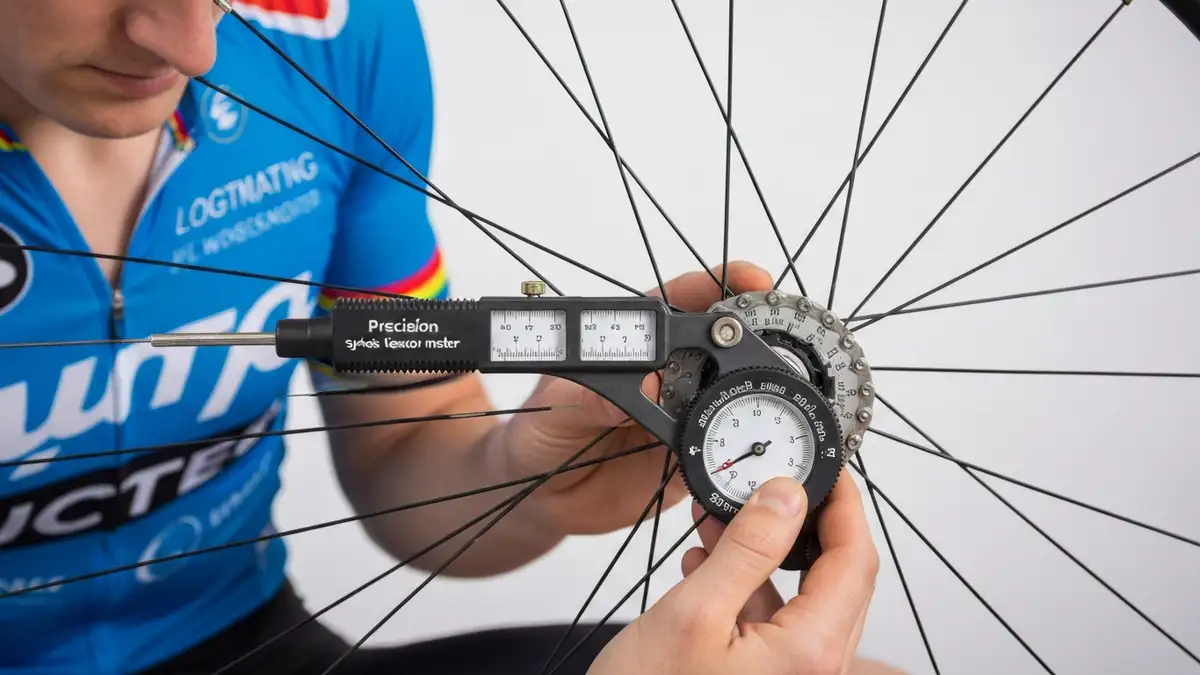 Rowerzysta używający tensjometru do pomiaru napięcia szprych na kole rowerowym