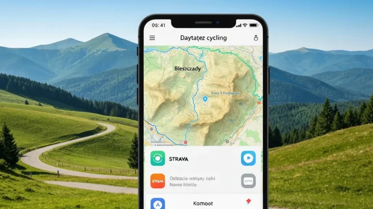 Smartfon z aplikacją do planowania tras rowerowych, mapa szlaków w Bieszczadach, ikony aplikacji Strava i Komoot
