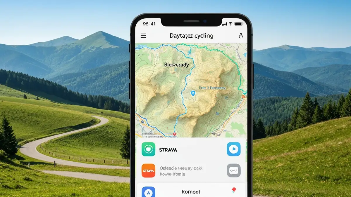 Smartfon z aplikacją do planowania tras rowerowych, mapa szlaków w Bieszczadach, ikony aplikacji Strava i Komoot