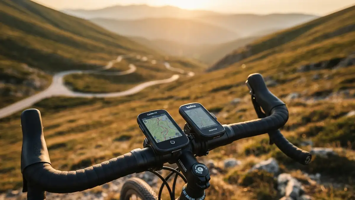 Garmin Edge i Wahoo Elemnt na kierownicy roweru podczas długiej wyprawy w Bieszczadach ze słoneczną pogodą