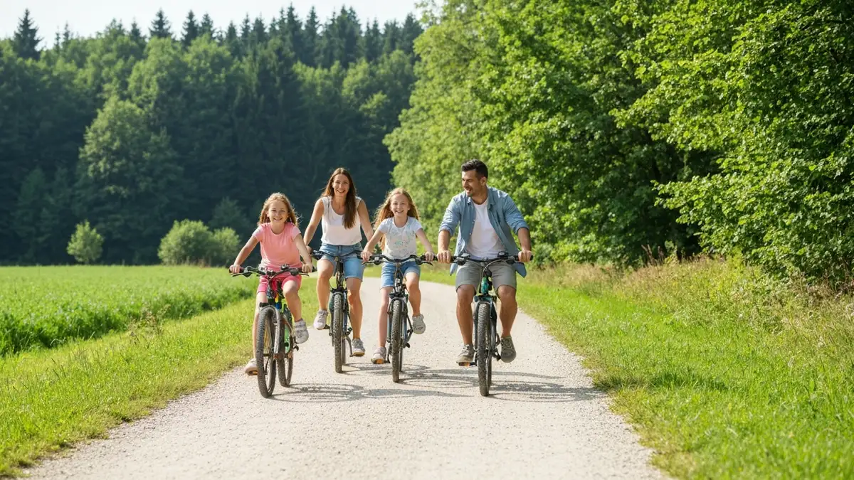 Rodzina na trasie rowerowej wśród pól i lasów w Polsce - dorośli i dwaj chłopcy na rowerach, asfaltu między zielonym krajobrazem