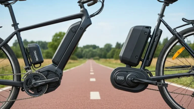 Zestaw konwersyjny Bafang i Shimano obok siebie - porównanie silnika midrive na rowerze górskim i hubowym na rowerze miejskim