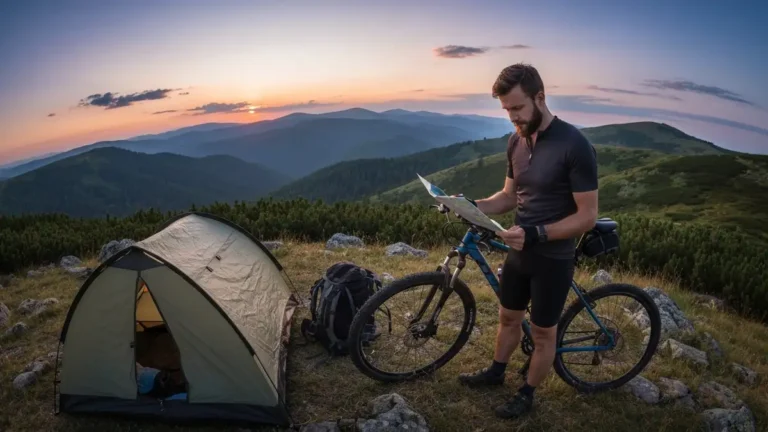 Rowerzysta patrzy na mapę przy namiocie na trasie w Bieszczadach, obok rower i plecak