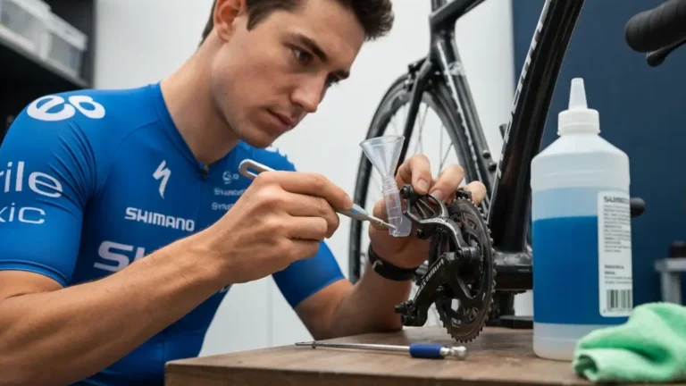 Cyclistą wykonuje odpowietrzanie hamulców hydraulicznych Shimano przy użyciu lejka - widok z góry na zawór i lejek podłączony do systemu hamulcowego