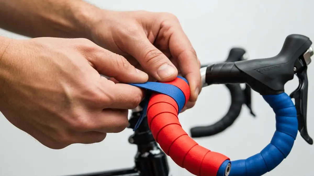Rowerzysta owijający bar tape na kierownicy szosowej - krok po kroku technika owijania