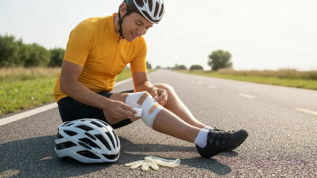 Rowerzysta opatrując ranę na kolanie po wypadku rowerowym, kask leży na ziemi, plecak na boku