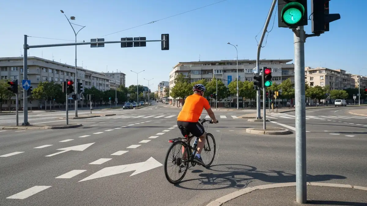 Rowerzysta czekający na zielonym świetle na skrzyżowaniu miejskim z sygnalizacją świetlną