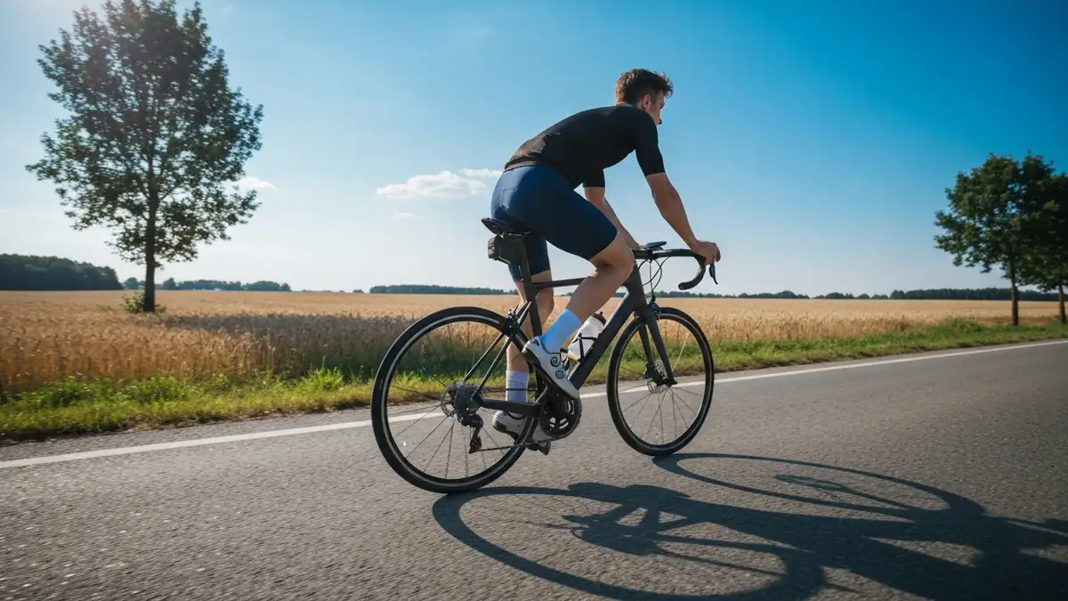 Młody mężczyzna na nowoczesnym rowerze szosowym z czarną ramą i białymi kołowrotami, zapamiętujący trasy wiejskie