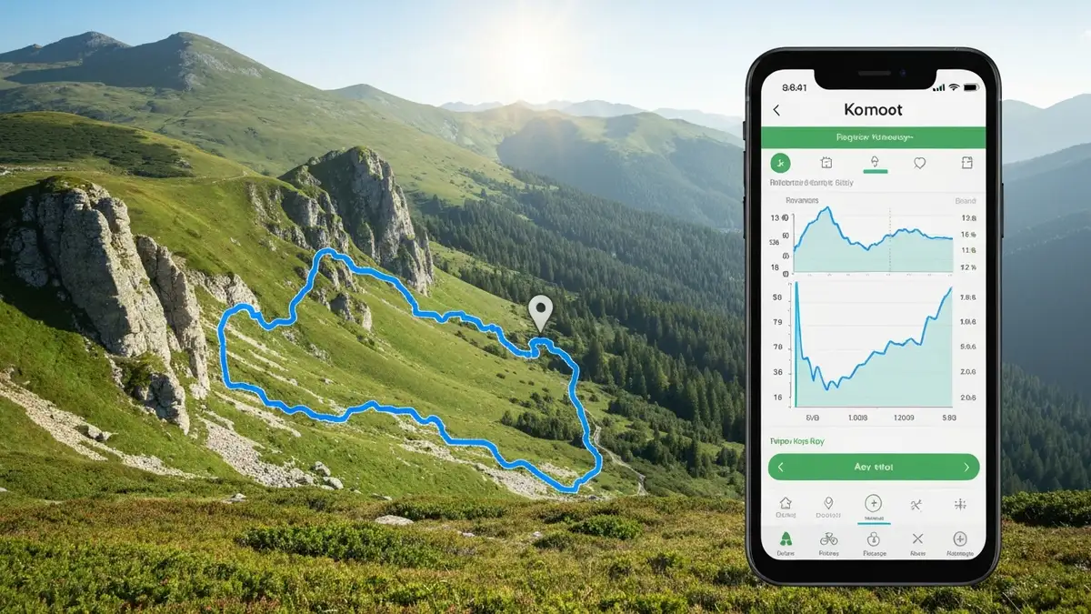 Ekran telefonu pokazujący aplikację Komoot z mapą trasy rowerowej i niebieską linią wprawdzie narysowaną na terenie górskim