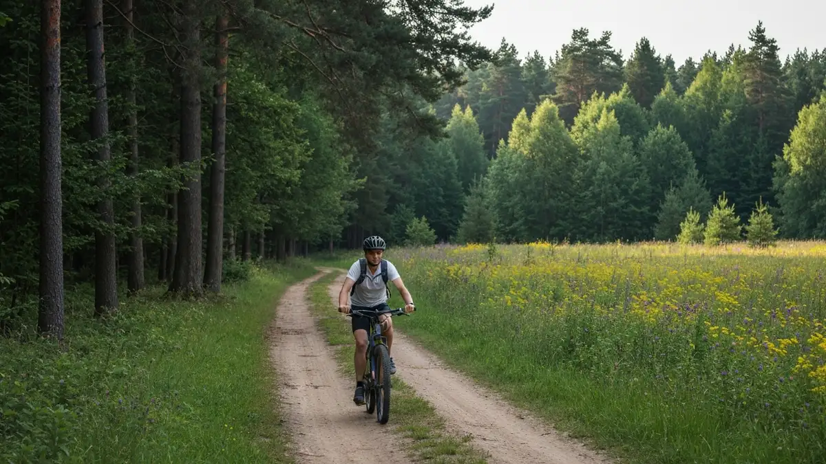 Kolarz na szlaku leśnym Puszczy Białowieskiej w Podlasiu, widok na drogi gruntowe otoczone lasem