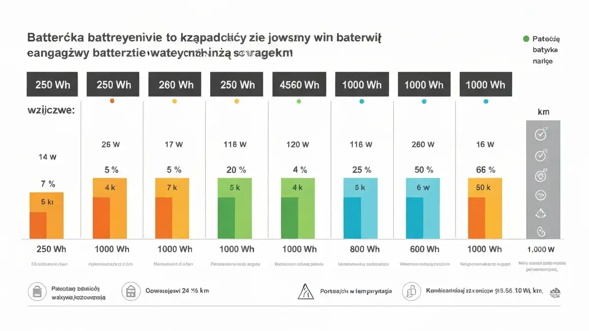Schematyczne wyjaśnienie pojemności baterii e-bike w watogodzinach (Wh) z przykładami od 250 Wh do 1000 Wh
