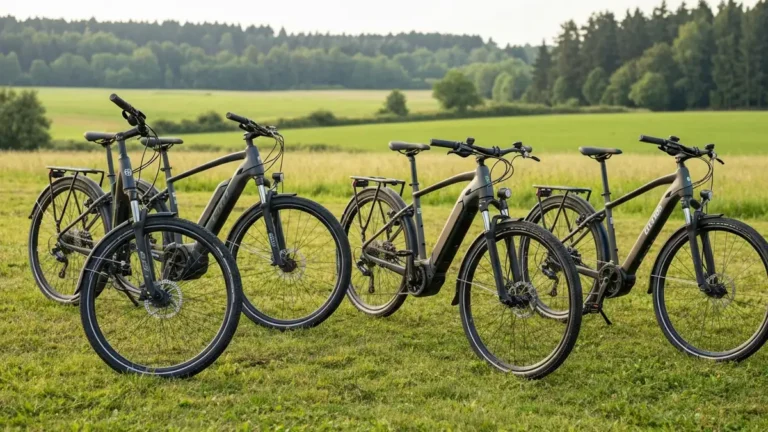 Kolekcja polskich rowerów elektrycznych marek Kross, Romet, Le Grand i Geobike na tle polskiego krajobrazu