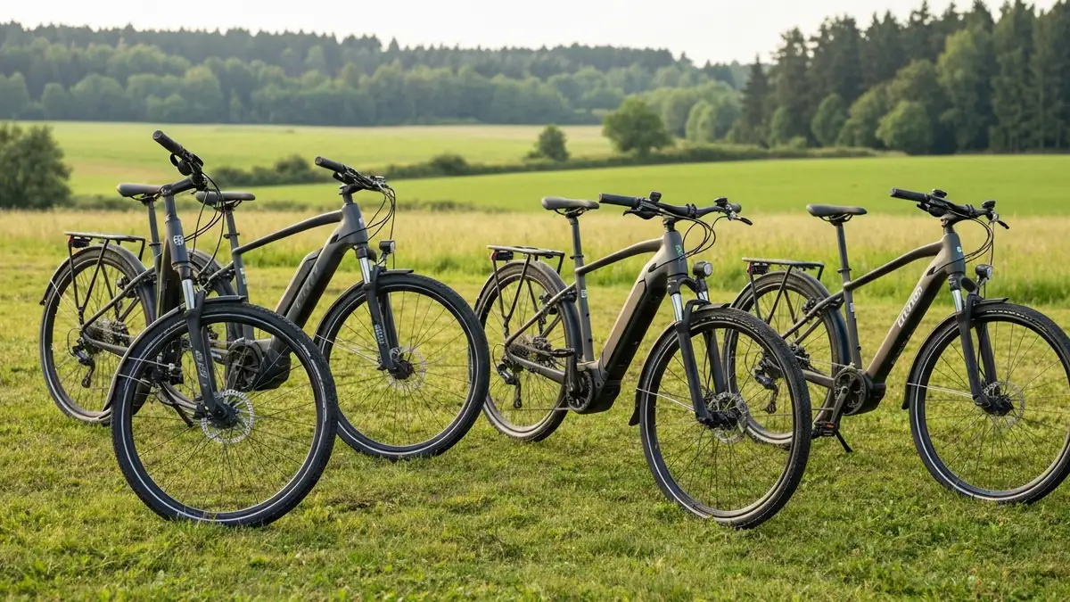 Kolekcja polskich rowerów elektrycznych marek Kross, Romet, Le Grand i Geobike na tle polskiego krajobrazu