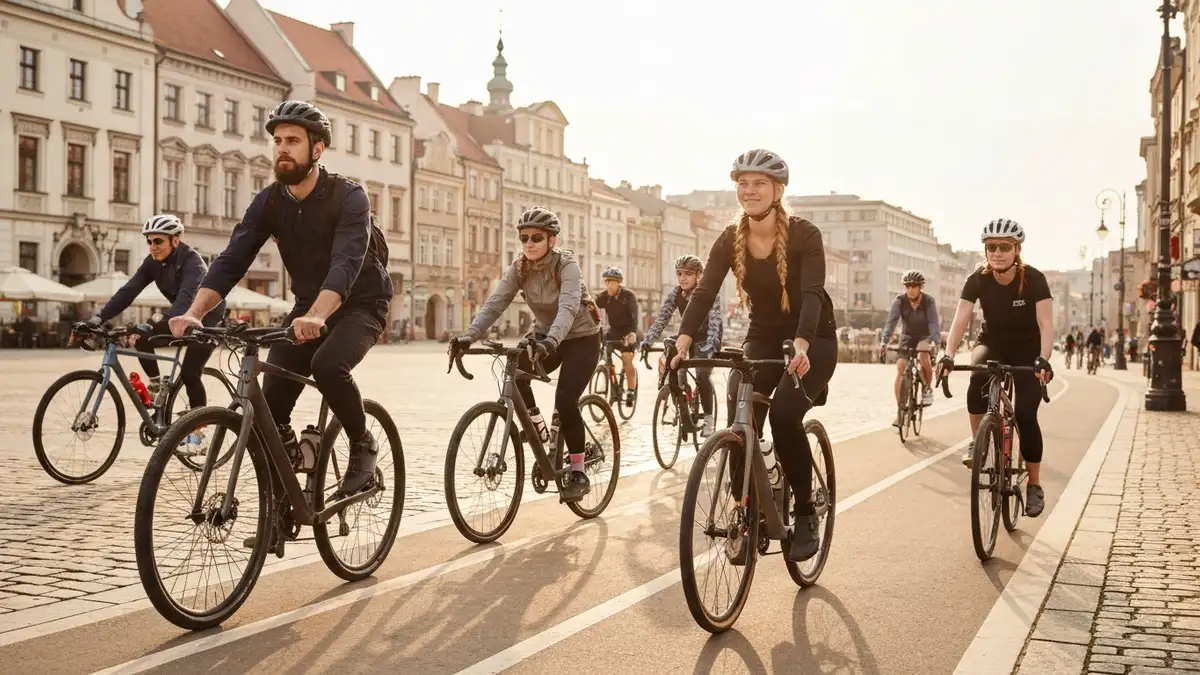 Grupa rowerzystów w centrum Poznania na ścieżce rowerowej obok Starego Rynku, z nowoczesnymi rowerami typu gravel i MTB